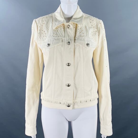 ETRO Size M Cream Eyelet Denim Fringe Trucker Jacket Blazer - Picture 1 of 10